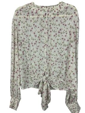 Maison Cinqcent Floral Swiss Dot Front Tie Sheer Blouse XL White Pink